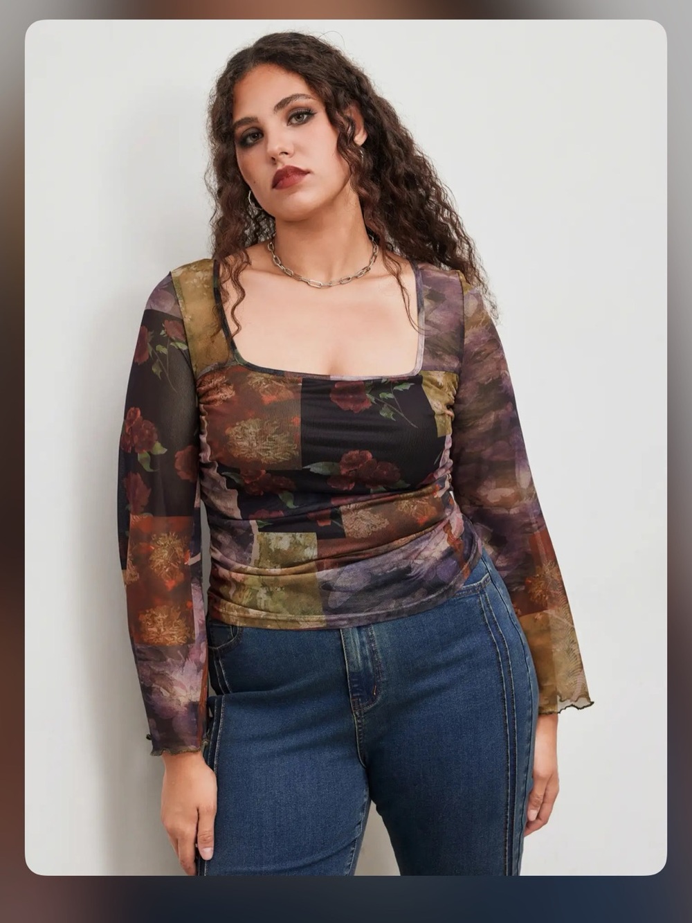 Cider MESH SQUARE NECK FLORAL PATCHY LETTUCE TRIM RUCHED LONG SLEEVE TOP CR27-24